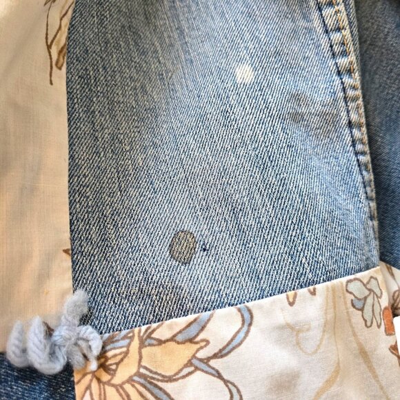 Vtg 70s Denim Blue Jeans Patchwork Crazy Quilt Pockets Labels Butterfly F/Queen - Picture 14 of 16